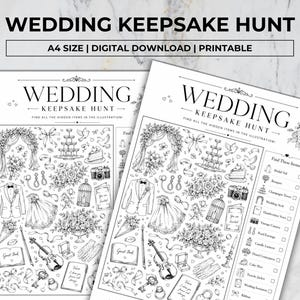 May include: A black and white printable Wedding Keepsake Hunt activity sheet in A4 size. The document features a collection of line art illustrations including a tuxedo, wedding dress, bouquet, violin, and cake, with a checklist titled Find These Items.