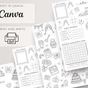 Personalized wedding coloring and activity placemat for kids shown in two versions—one simple coloring page for younger children and one activity sheet with puzzles and mazes for older kids. Displayed as a black-and-white printable Canva-editable template in US Letter size, designed for wedding reception kids’ tables.