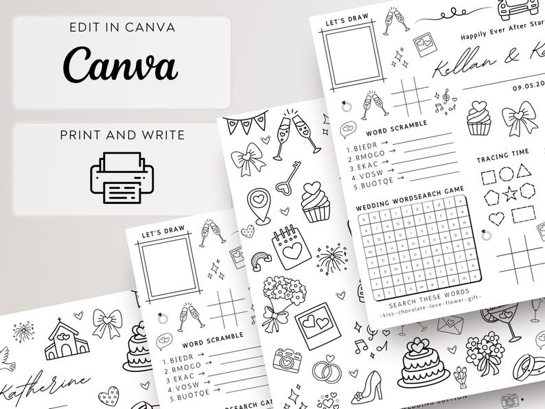 Personalized wedding coloring and activity placemat for kids shown in two versions—one simple coloring page for younger children and one activity sheet with puzzles and mazes for older kids. Displayed as a black-and-white printable Canva-editable template in US Letter size, designed for wedding reception kids’ tables.