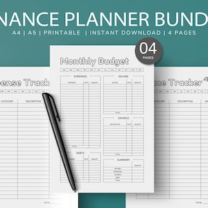 May include: Printable finance planner bundle with four pages: Expense Track, Monthly Budget, Income Tracker, and a summary page. The pages are black and white with lined sections for tracking expenses, income, savings, and debts.