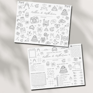 May include: Two white wedding activity sheets with black line art illustrations of wedding-themed icons, including cakes, hearts, and cameras. The top sheet has the names "Kellan & Katherine" and the date "09.05.2025". The bottom sheet includes games.