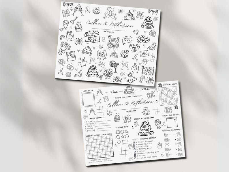 Personalized wedding coloring and activity placemat for kids shown in two versions one simple coloring page for younger children and one activity sheet with puzzles and mazes for older kids. Displayed as a black-and-white printable Canva-editable template in US Letter size, designed for wedding reception kids’ tables.