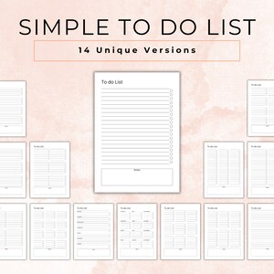 Pode incluir: Uma coleção de 14 modelos de listas de tarefas imprimíveis em vários estilos. Os modelos apresentam diferentes layouts, incluindo seções com linhas, caixas de seleção e espaços em branco para notas. O título "Simple To Do List" e "14 Unique Versions" é exibido na parte superior da imagem.