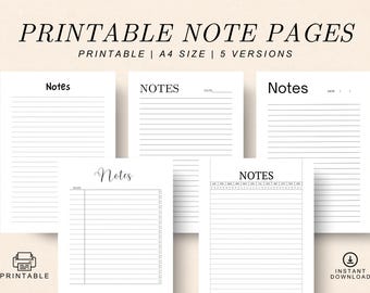 Printable Lined Note Pages: A4 Note Planner Template (Digital Download)