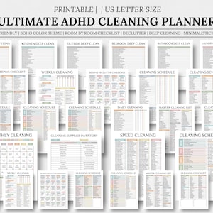 May include: A printable cleaning planner with 40+ pages designed for people with ADHD. The planner features a boho color theme and includes checklists for deep cleaning, decluttering, and daily cleaning. The planner is organized by room and includes a master cleaning list, a cleaning schedule, and a cleaning supplies inventory.