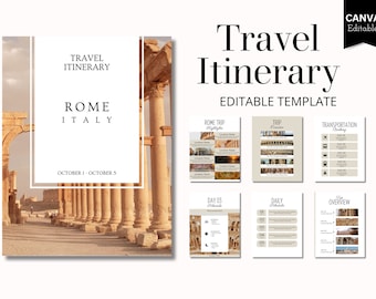 Puede incluir: Una plantilla de itinerario de viaje para un viaje a Roma, Italia. La plantilla incluye una página de portada con una foto de ruinas romanas antiguas, una página de aspectos destacados del viaje a Roma, una página de descripción general del viaje, una página de reserva de transporte, una página de horario diario y una página de descripción general. La plantilla es editable y se puede utilizar para planificar un viaje a Roma.