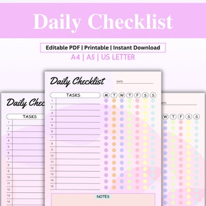 May include: Printable daily checklist with a pastel rainbow design. The checklist includes sections for tasks, notes, and a daily habit tracker with a grid of colored circles.