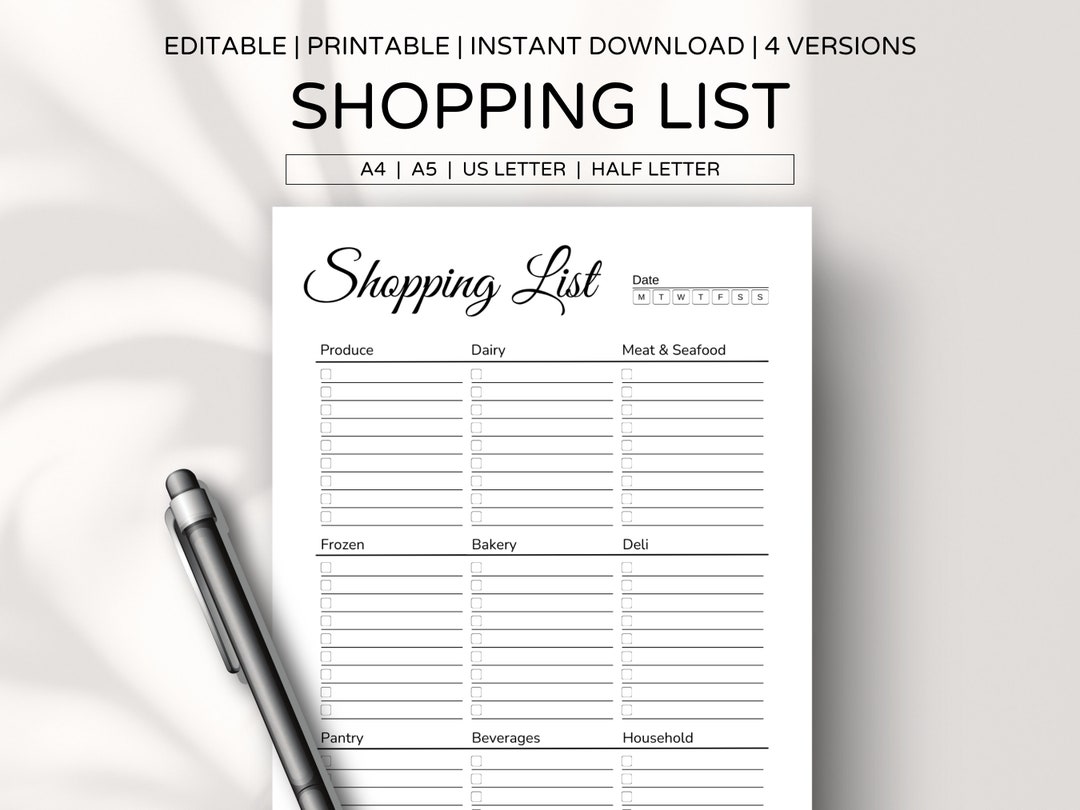 Editable Shopping List Template, Grocery List Printable Template, Food Shopping Planner ...