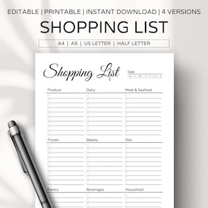 Editable Shopping List Template, Grocery List Printable Template, Food Shopping Planner, Shopping List Printable, Shopping Checklist