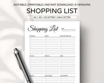 Grocery Shopping List Printable: Editable Food Planner (Digital Download)