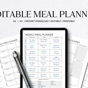 Modèle de planificateur de repas modifiable Planificateur de repas imprimable Planificateur de repas hebdomadaire Suivi des repas de la semaine Plan de menus sur 7 jours Modèle de planificateur de repas