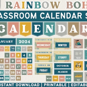Editable Classroom Calendar Set and Weather Station ,12 months Calendar, Modern Boho Classroom, Pocket Chart Calendar, Holidays and Events