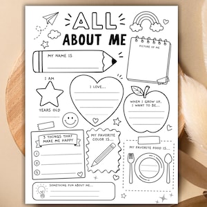 May include: A black and white printable All About Me worksheet featuring line art illustrations including a pencil, heart, apple, star, and smiley face. The page includes prompts for name, age, favourite things, and future goals for children to fill in.