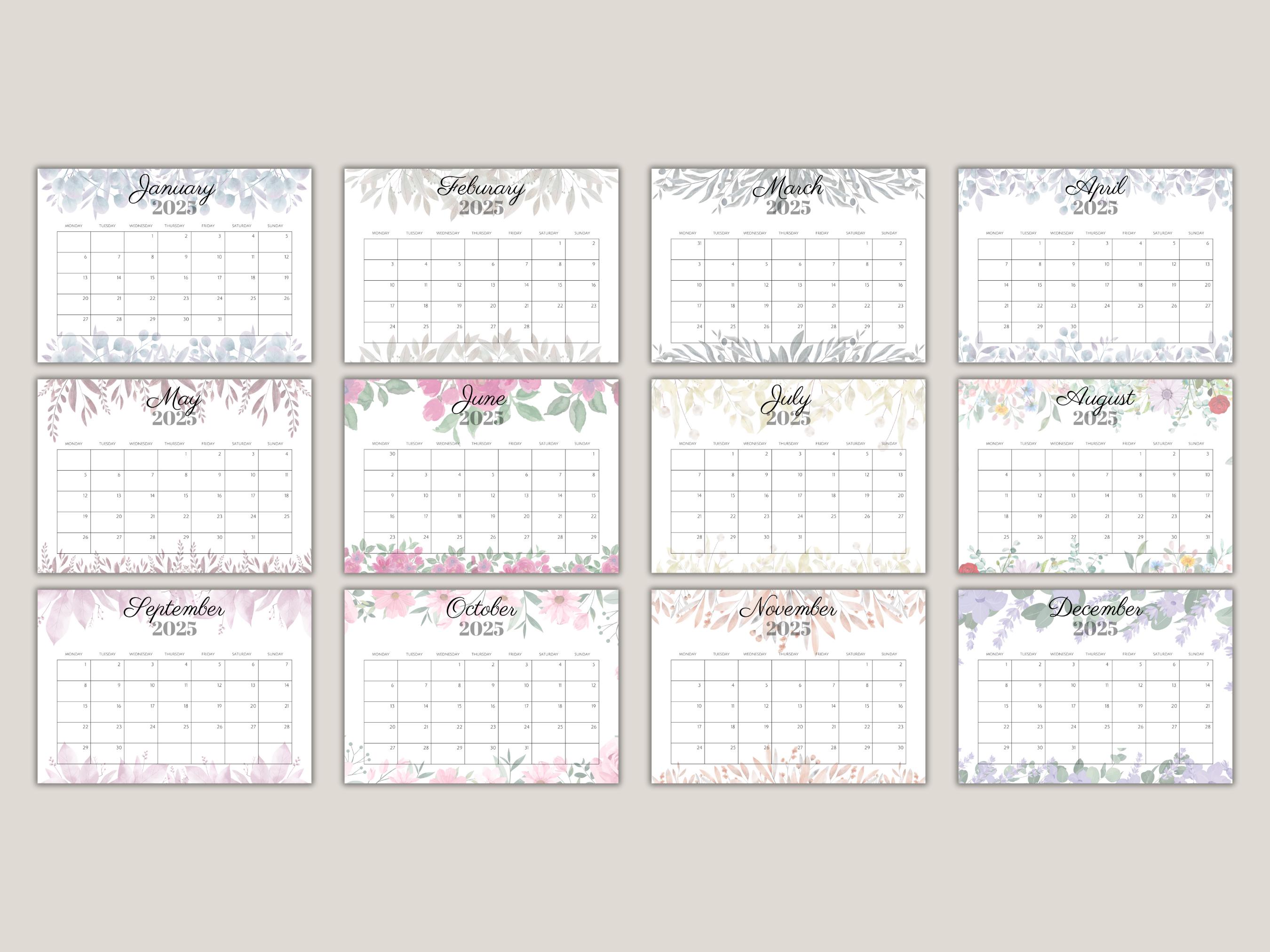 2025 Floral Calendar Printable, Editable Floral Calendar, Editable 2025 Calendar, Monthly Calenday,Yearly Calendar 2025, Instant Download