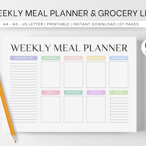 Afdrukbare weekmaaltijdplanner: boodschappenlijst, 7 pagina&#39;s (digitale download)