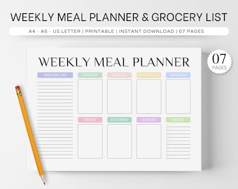 Weekly Meal Planner Printable Template, Weekly Meal Planner With Grocery List Template, Weekly Food Diary, Meal Tracker Template Printable