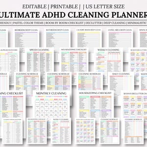 May include: A printable set of 40+ cleaning checklists and schedules designed for people with ADHD. The checklists are organized by room and include deep cleaning, decluttering, and daily cleaning tasks. The design features a pastel color theme and a minimalist aesthetic.