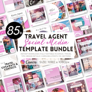 May include: A bundle of over 85 travel agent social media templates in pink and white. The templates showcase destinations such as Paris, Japan, and Bali. The text includes "Travel Agent Social Media Template Bundle" and "Canva".