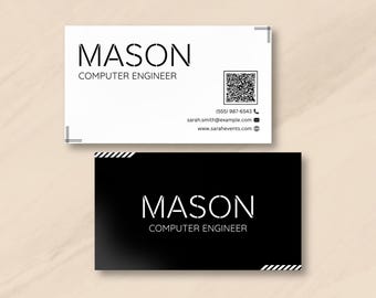 Puede incluir: Una tarjeta de visita en blanco y negro con el nombre "MASON" y el título "COMPUTER ENGINEER" impreso en blanco. La tarjeta también incluye información de contacto, un código QR y una dirección de sitio web.