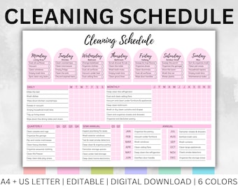May include: A pink and white printable cleaning schedule checklist with a daily, weekly, monthly, quarterly, semi-annual, and annual cleaning tasks. The checklist includes tasks such as making the bed, washing dishes, sweeping or vacuuming, tidying up living areas, deep cleaning the refrigerator, organizing the pantry, and decluttering closets and drawers.