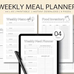 Szablon tygodniowego planera posiłków, tygodniowy planer posiłków z listą zakupów, zapasami żywności, tygodniowym menu, tygodniowym planem menu, szablonem planera żywności