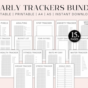 Jährliche Tracker, Vorgefertigtes Bullet Journal, 10+ Tracker, Jährliches Bundle, Journal Seiten 2025, A4 A5 Gepunktet & Undpunktiert, digitaler Download