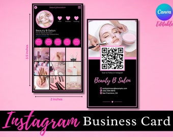 Puede incluir: Tarjeta de visita de Instagram rosa y negra para un salón de belleza llamado "Beauty B Salon". La tarjeta incluye un código QR, información de contacto y el texto "Scan to Follow on Instagram".