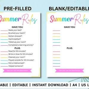 May include: Printable summer rules checklist with a pre-filled and blank/editable version. The checklist includes tasks like making your bed, brushing your teeth, and completing a learning activity. The checklist also includes a "plus" section with tasks like reading for 20 minutes and playing outside for 30 minutes. The checklist ends with "Now you can use electronics!"