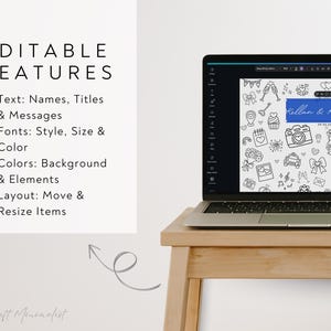 May include: A laptop displaying a wedding design template with doodle illustrations. The screen shows a blue banner with the names "Kellan & Katherine" and the date. Text on the left lists editable features: text, fonts, colors, and layout.