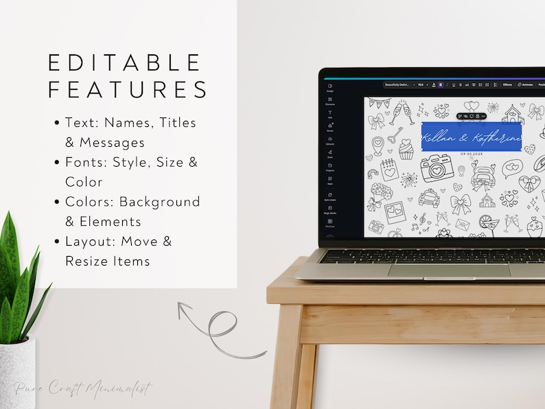 May include: A laptop displaying a wedding design template with doodle illustrations. The screen shows a blue banner with the names "Kellan & Katherine" and the date. Text on the left lists editable features: text, fonts, colors, and layout.