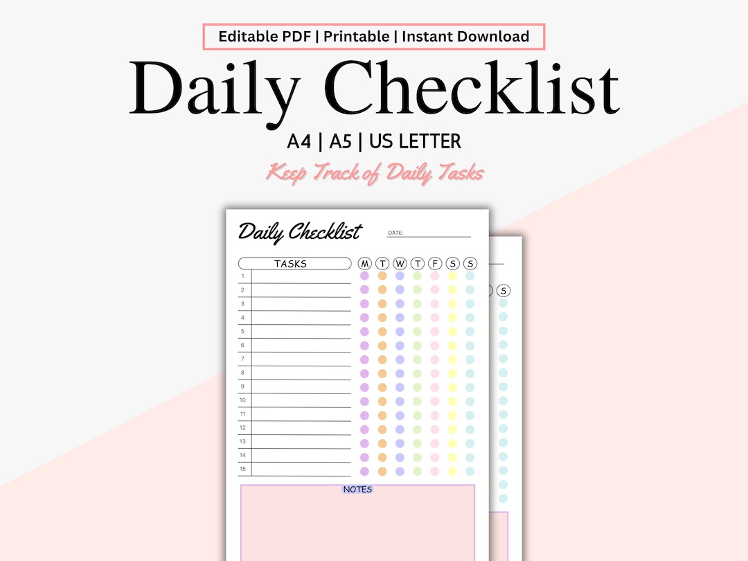 Editable Daily Checklist Template: Colorful Weekly Planner (PDF) - Etsy