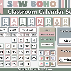 Editable Classroom Calendar Set and Weather Station, 12 months Calendar, Modern Boho Classroom, Pocket Chart Calendar, Holidays and Events