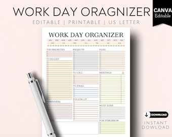 Work Day Planner, Printable Planner, Productive Planner, Work Schedule Planner, To do list, Work Log, Editable Planner