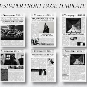 Könnte beinhalten: Vorlage für eine Zeitungs-Titelseite mit sechs Layouts, die Platzhaltertext und Bilder enthalten. Das Design ist in Schwarzweiß gehalten, mit dem Text "NEWSPAPER FRONT PAGE TEMPLATE" oben. Das Canva-Logo befindet sich oben rechts.
