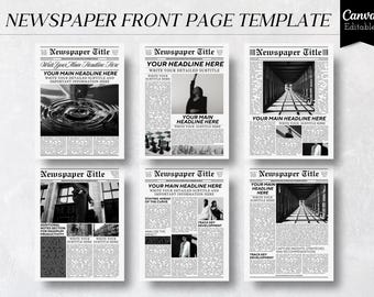 Bewerkbare voorpaginasjablonen | 6 pagina's | Canva-krantindeling | A4 en US Letter | Afdrukbaar krantenontwerp