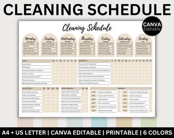Könnte beinhalten: Ein druckbarer Reinigungsplan in Beige und Weiß, der tägliche, wöchentliche, monatliche, vierteljährliche, halbjährliche und jährliche Aufgaben detailliert. Der Text "Cleaning Schedule" steht oben, mit "CANVA Editable" in einem Kreis.