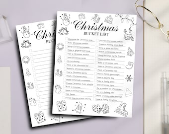 Può includere: Un elenco di cose da fare a Natale stampabile con un design in bianco e nero. L'elenco include attività come decorare l'albero di Natale, cuocere i biscotti, impacchettare i regali e assistere a un concerto di Natale.