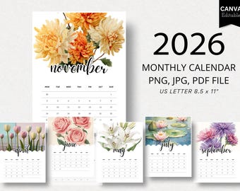 2026 Blumen-Monatskalender | Druckbare Blumenkalender PDF Datei