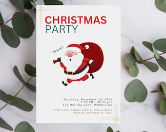 Puede incluir: Una invitación a una fiesta de Navidad blanca con una imagen de dibujos animados de Papá Noel llevando una bolsa roja. El texto dice "Christmas Party", "¡Ho ho ho!" e incluye la fecha, la hora, la ubicación, el código de vestimenta y la información de RSVP.