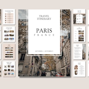May include: A printable travel itinerary for a trip to Paris, France, from October 1st to October 5th. The itinerary includes sections for hotel, transportation, attractions, daily schedule, trip highlights, city overview, restaurants, packing, and a table of contents. The cover image features a street scene in Paris with buildings, trees, and people walking.