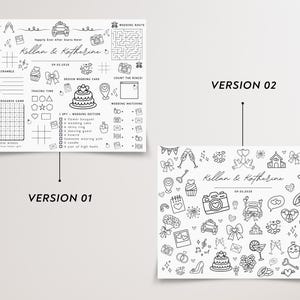 Personalized wedding coloring and activity placemat for kids shown in two versions—one simple coloring page for younger children and one activity sheet with puzzles and mazes for older kids. Displayed as a black-and-white printable Canva-editable template in US Letter size, designed for wedding reception kids’ tables.