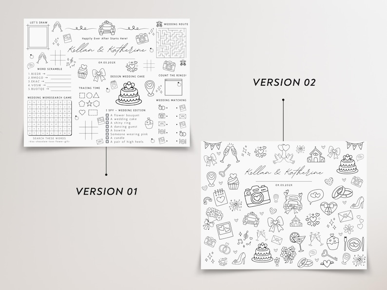 Personalized wedding coloring and activity placemat for kids shown in two versions—one simple coloring page for younger children and one activity sheet with puzzles and mazes for older kids. Displayed as a black-and-white printable Canva-editable template in US Letter size, designed for wedding reception kids’ tables.