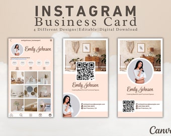 May include: Four Instagram business card designs featuring a woman's photo, a QR code, and text that says "Emily Johnson, Creating Beautiful and Functional Spaces".