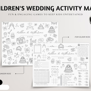 Personalized wedding coloring and activity placemat for kids shown in two versions—one simple coloring page for younger children and one activity sheet with puzzles and mazes for older kids. Displayed as a black-and-white printable Canva-editable template in US Letter size, designed for wedding reception kids’ tables.
