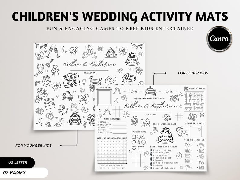 Personalized wedding coloring and activity placemat for kids shown in two versions—one simple coloring page for younger children and one activity sheet with puzzles and mazes for older kids. Displayed as a black-and-white printable Canva-editable template in US Letter size, designed for wedding reception kids’ tables.