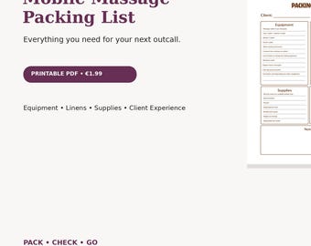 Mobile Massage Packing Checklist | Outcall Bodywork Supplies List | Massage Business Printable PDF