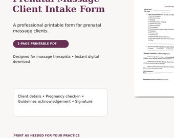 Prenatal Massage Client Intake Form | Pregnancy Massage Therapist Printable PDF
