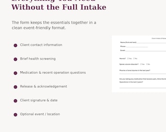Chair Massage Release Form | Event Bodywork Client Intake & Consent | Massage Therapist Printable PDF