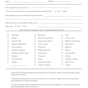 Könnte beinhalten: Ein Kundenaufnahmeformular mit Feldern für Name, Adresse und medizinische Vorgeschichte. Das Formular enthält Kontrollkästchen für verschiedene Gesundheitszustände und einen Abschnitt für Unterschrift und Datum.