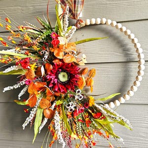 Fall Beaded Hoop Wreath, Large Autumn Door Decor, Modern Farmhouse Fall Wreath, Front Door Fall Wreath, Handmade Rustic Sunflower Wreath